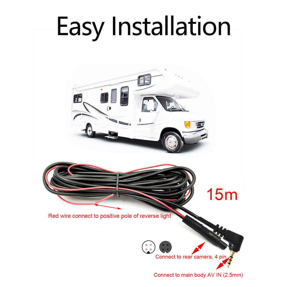 Cable de extensión para cámara trasera, 15m, 50 pies para WOLFBOX G840S / G930/ G840H / G850 / G900, cámara de salpicadero con espejo de 4 pines, 2,5mm