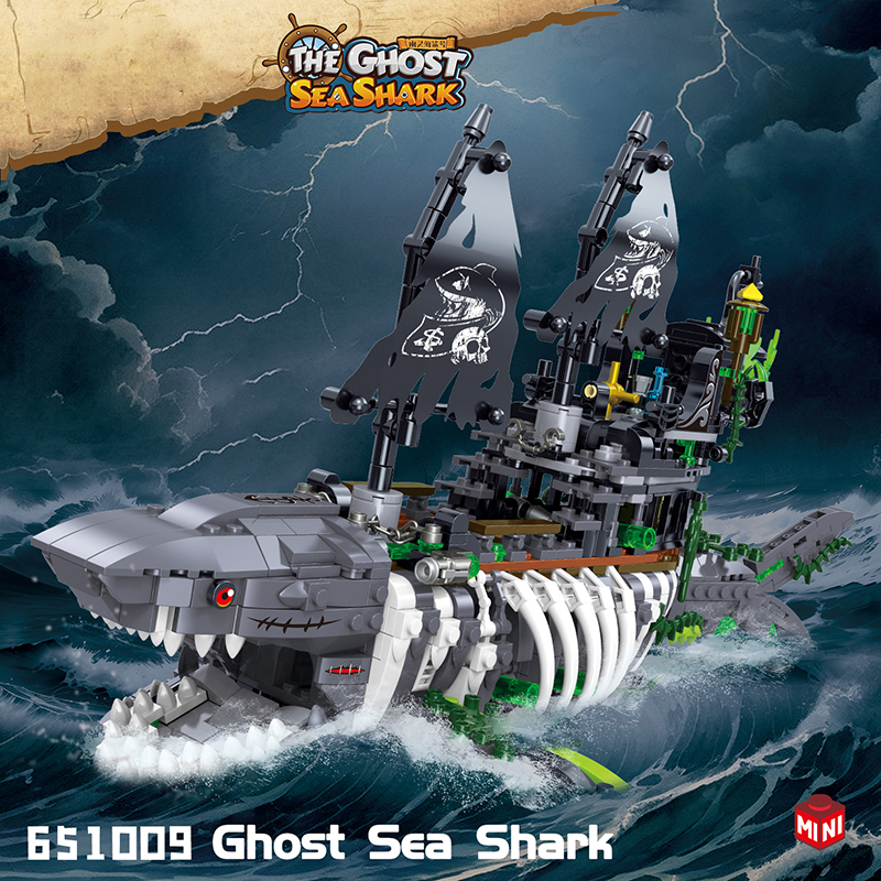 1155 Pezzi Blocchi da Costruzione Nave Pirata Squalo, Modello Creativo Nave Fantasma Squalo Marino con Luci, Giocattolo Educativo Regalo per Adulti