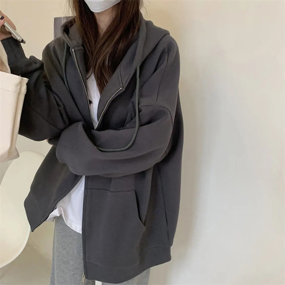 Sudaderas con capucha lisas para mujer, abrigo básico Harajuku de manga larga para primavera y otoño, sudaderas informales holgadas con cremallera de gran tamaño, chaqueta con bolsillo