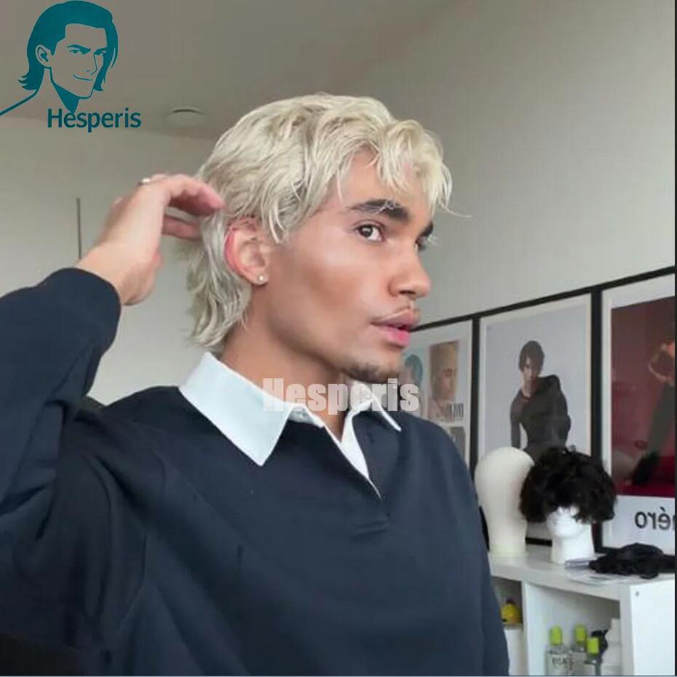 Hesperis Волнистый короткий парик с стрижкой пикси с челкой Remy Hair Полный кружевной парик из человеческих волос для мужчин Светлые волосы Цвет многослойные мужские парики