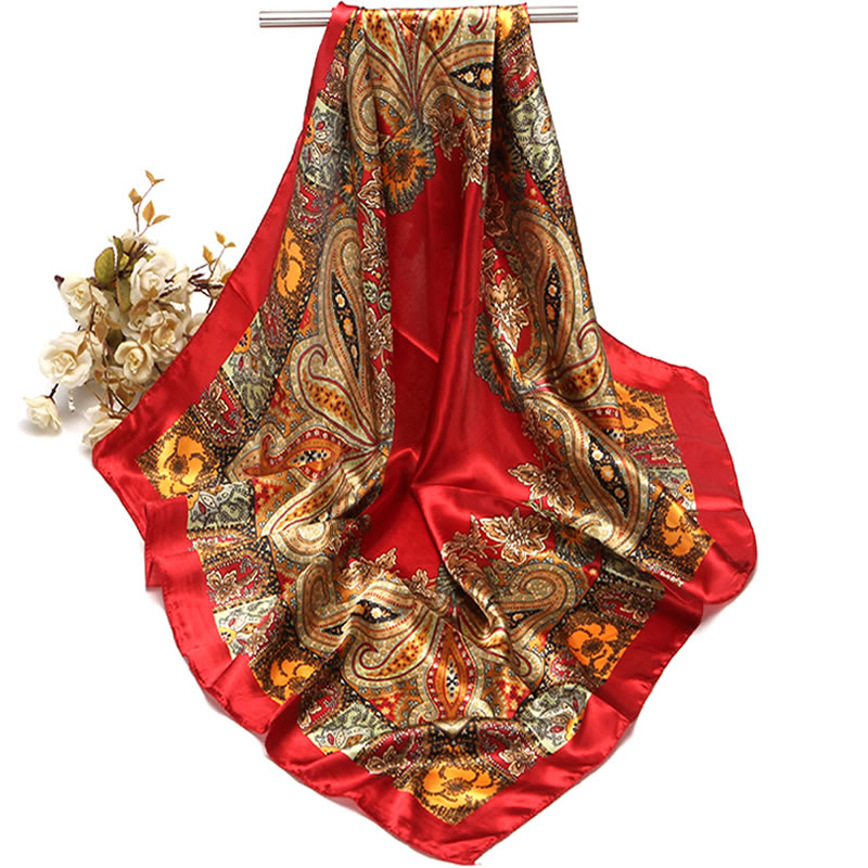 Lenço Quadrado estampado Paisley para mulheres, lenço Boho Vintage, envoltório de cabeça de cetim, xale bandana, 35,4"