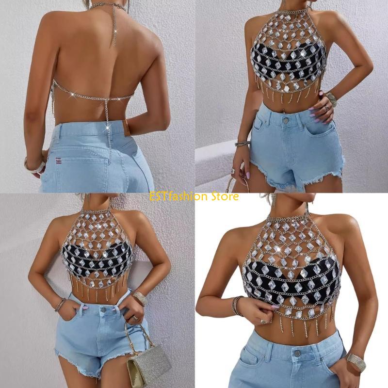 Y5gc feminino camadas acrílico camisola corpo corrente jóias brilhantes halterneck sem colheita topo