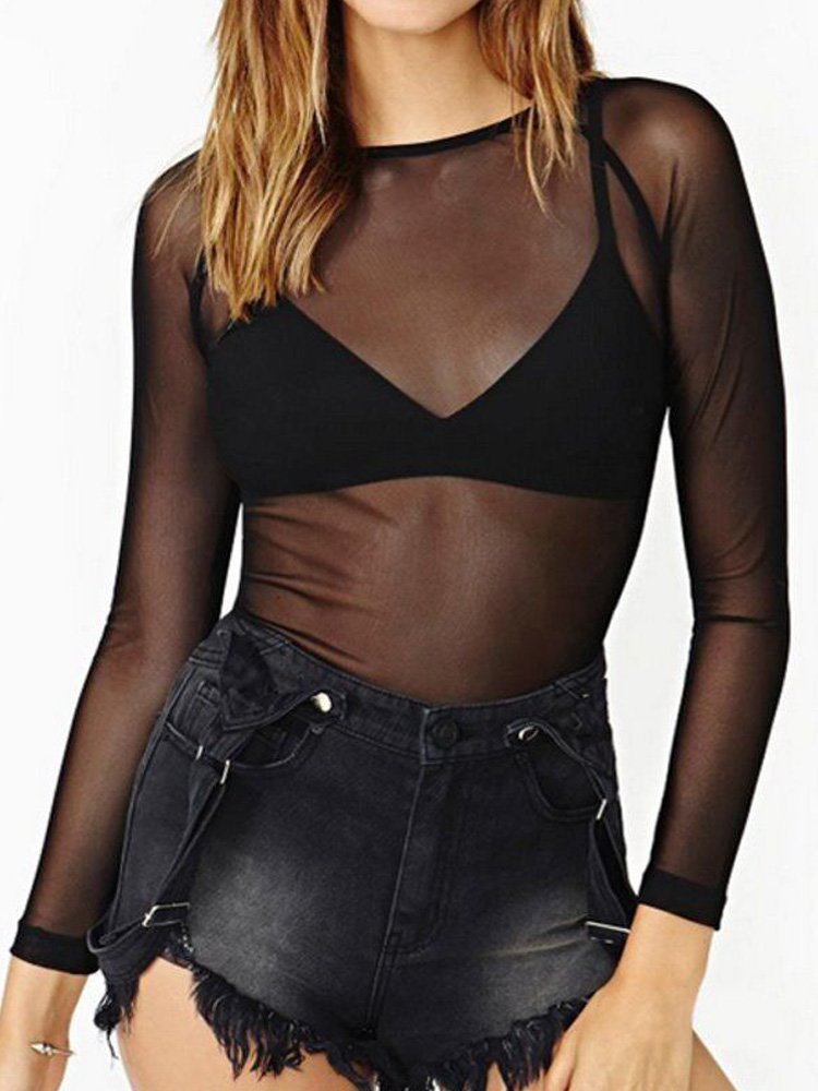Primavera verão das mulheres manga longa sexy preto malha blusas superiores transparente punk clube camisa camisetas praia topos