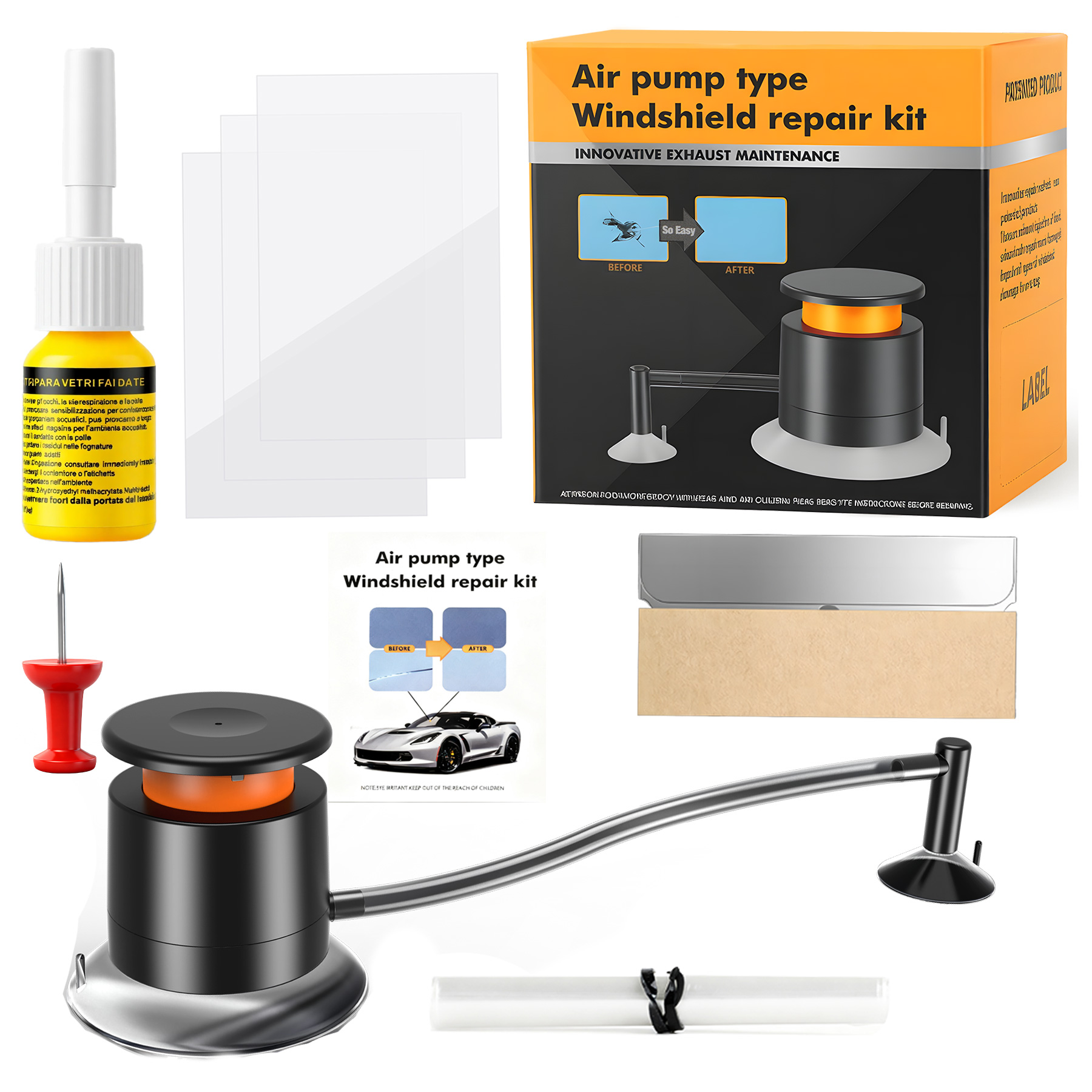 Steinschlag Reparaturset Windschutzscheibe, Universelles Auto Glas Reparatur Set mit Vakuumpumpe, Professionelles Windschutzscheibe Reparaturset für Steinschlag Reparatur, OHNE UV-Lampe