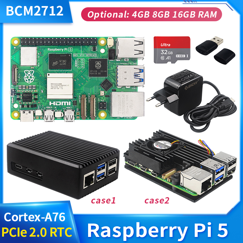 Official Raspberry Pi 5 16GB 8GB 4GB RAM BCM2712 Cortex-A76 2.4GHz LPDDR4X-4267 PCIe 2.0 RTC Optional Case Power Supply for RPi5