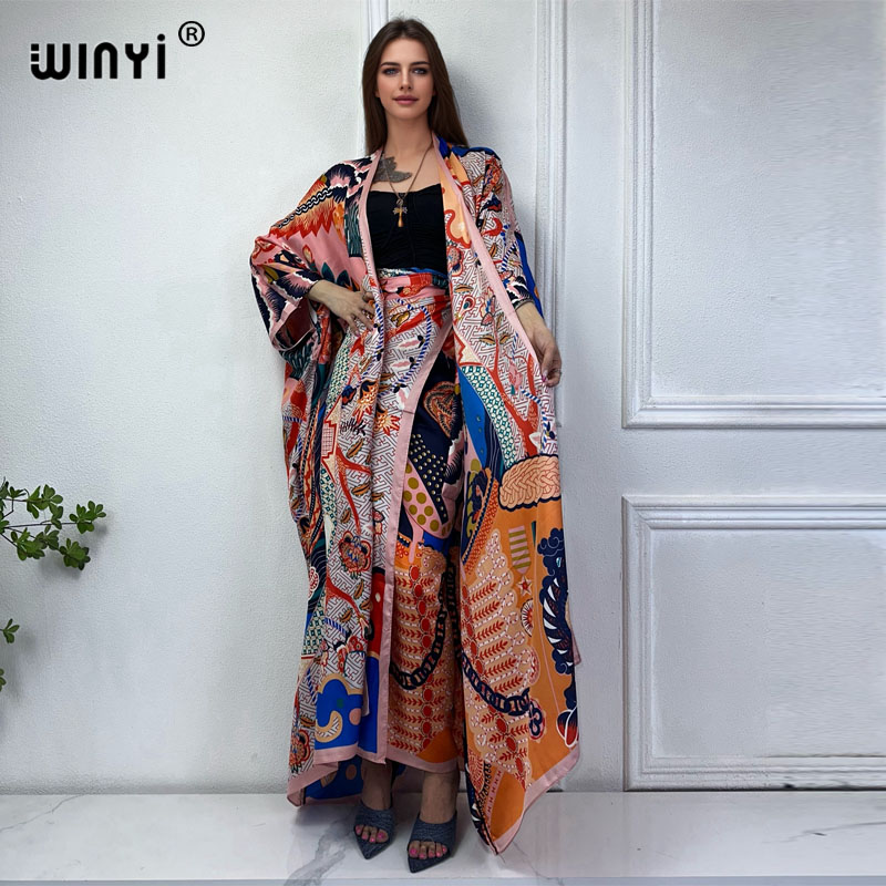 Winyi neue Sommer Strickjacke Strand langes Kleid zweiteiligen Anzug für Frauen Bohemian Print Maxi kleid Frauen boden langen Urlaub Kimono