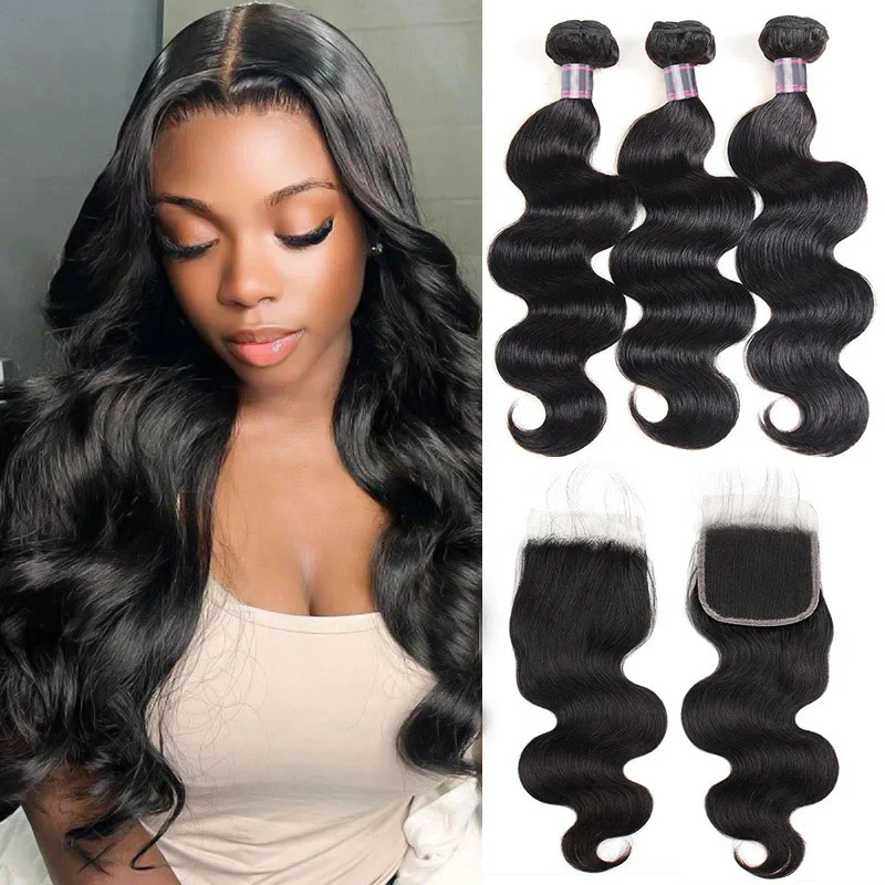 Rambut Manusia Brasil Mentah Dalam Bundel Dengan Closure, Rambut Remy Tanpa Proses, Weave 4x4 5x5 Lace Closure Dengan 3/4 Bundel Rambut Virgin