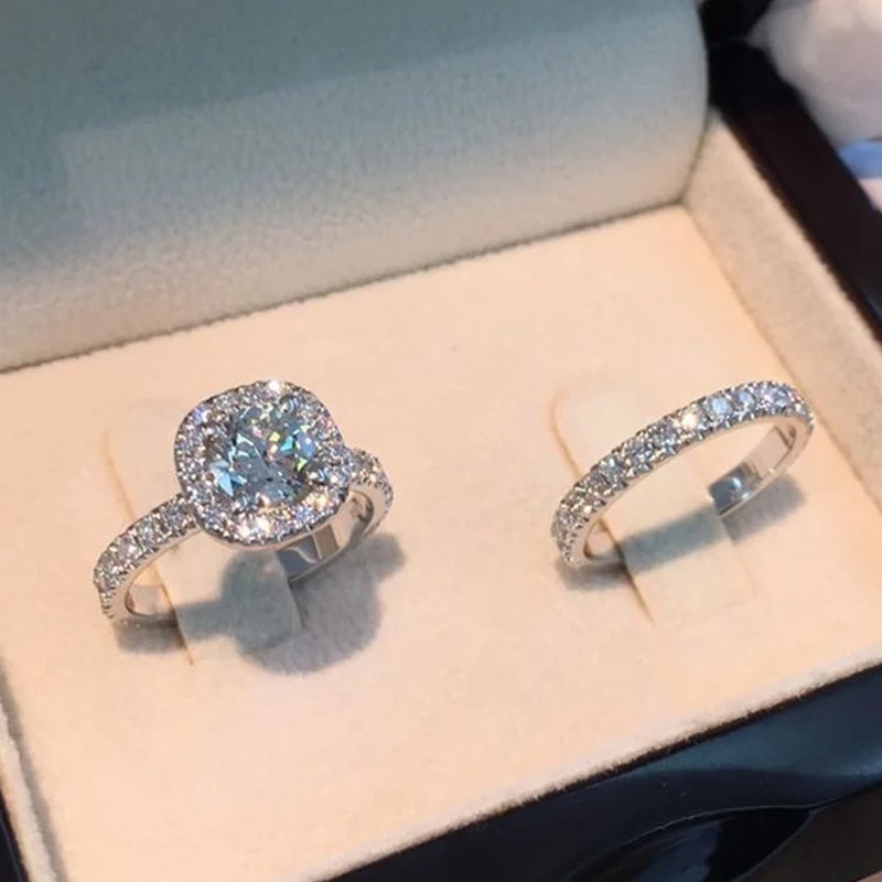 Luxo requintado prata cor princesa anel para as mulheres moda incrustada branco zircão pedras anéis de casamento conjunto de jóias de noivado