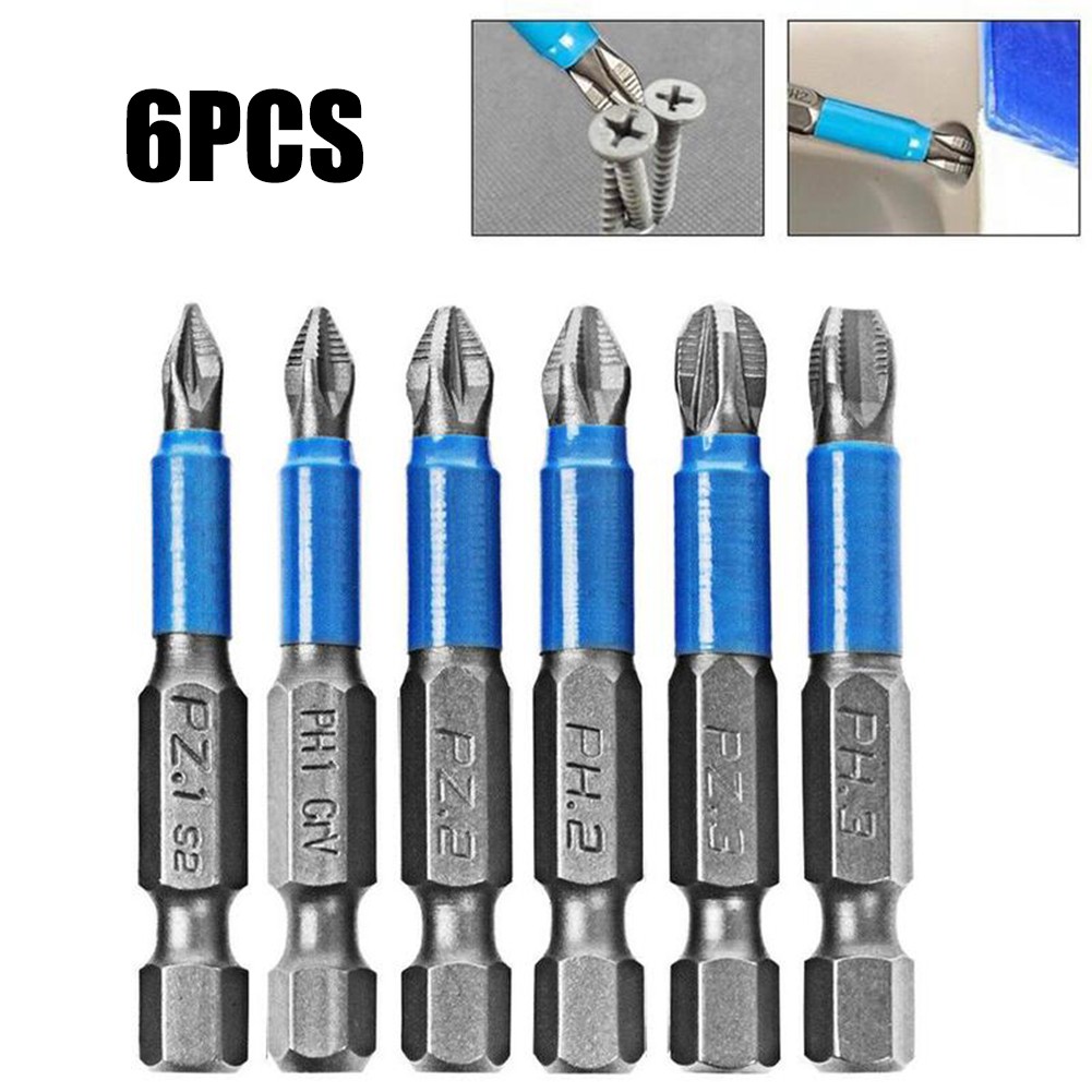 6-teiliges Bits-Set aus legiertem Stahl, 50 mm, stoßfest, rutschfest, magnetische Kreuzspitze, PH1/PH2/PH3/PZ1/PZ2/PZ3 für 1/4 Zoll elektrischen Handschraubendreher