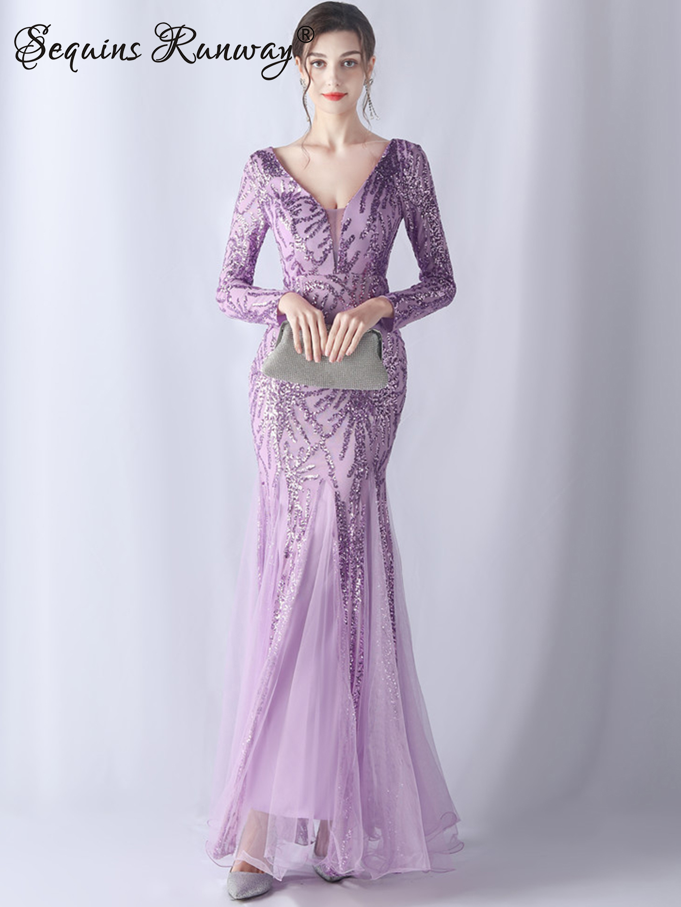 Seksowna sukienka maxi bez pleców z cekinami, elegancka luksusowa sukienka z siateczki na wesele, sukienki wieczorowe z długim rękawem, vestido