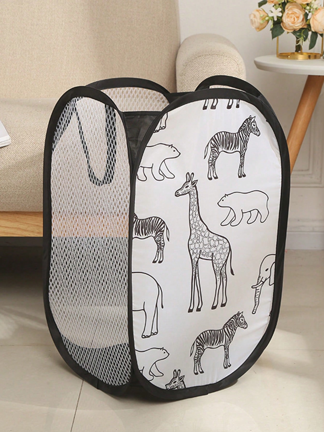 Cestino portaoggetti nero per detriti di vestiti sporchi Cesto per la biancheria domestica Organizzatori in tessuto a rete di poliestere stampato giraffa 19x19x12" 90g