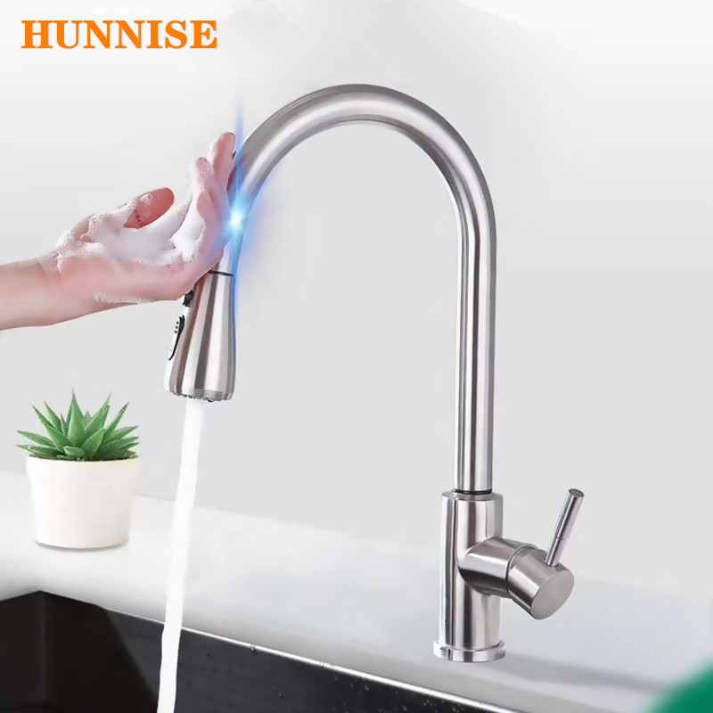 Grifo táctil de níquel cepillado para cocina, mezclador extraíble con Sensor de frío y caliente, Sensor inteligente