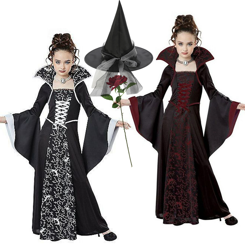 Disfraz de Halloween de bruja negra y vampiro para niños y niñas, disfraz de carnaval, fiesta de Mujer, ropa de actuación para niños