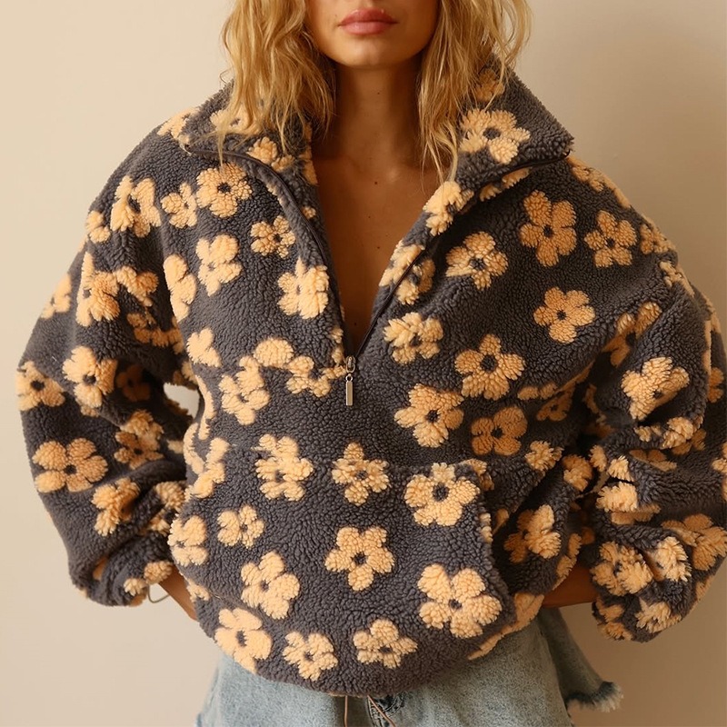 Frauen Kleidung Frühling Herbst Mantel Neue Mode Faux Lammfell Gedruckt Lose Zipper Sweatshirt Lange Ärmel Faux Pelzmantel
