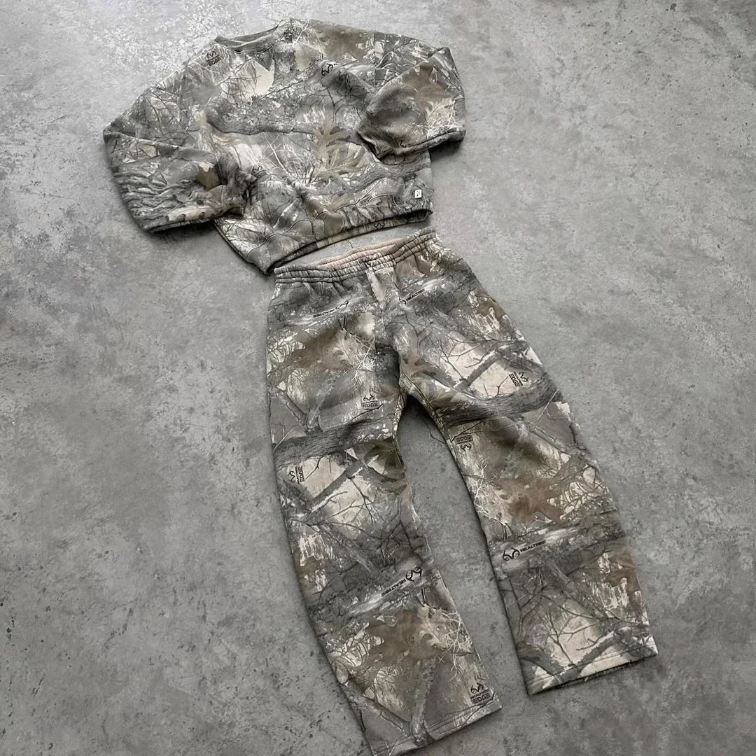 Conjunto de 2 piezas de camuflaje Y2K, Sudadera con capucha con cremallera Harajuku europea americana, pantalones de chándal de gran tamaño, pantalón informal de pierna ancha, ropa de calle