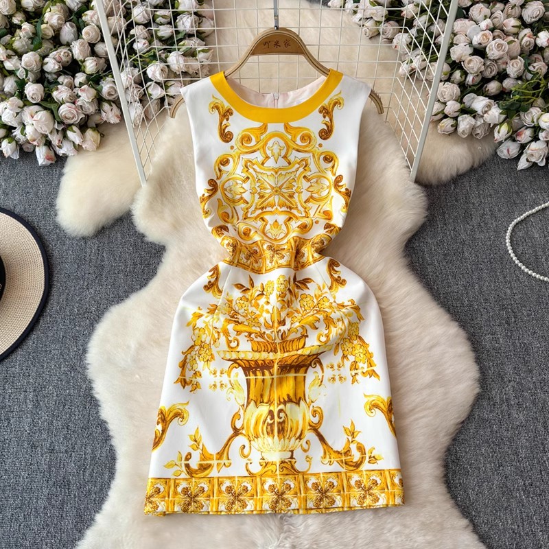 Letnie wakacje Żółto-biały porcelanowy nadruk Mini sukienka damska O-Neck bez rękawów Tank Robe Vintage Print Party Vestidos