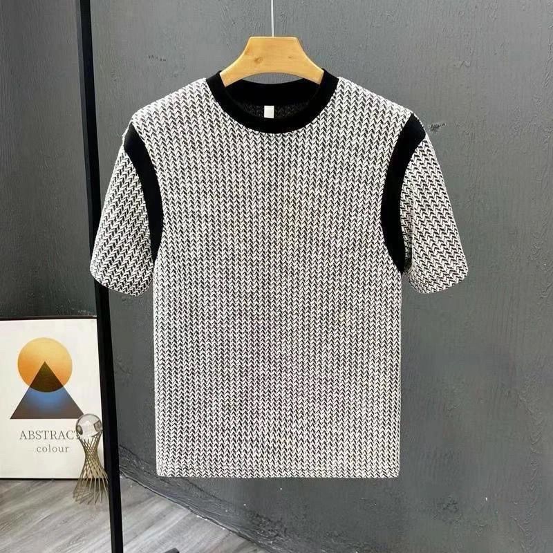 Camiseta Masculina de Manga Curta com Estampa Listrada e Gola Redonda, Casual, Slim Fit, Luxuosa, Respirável e Macia para Homens