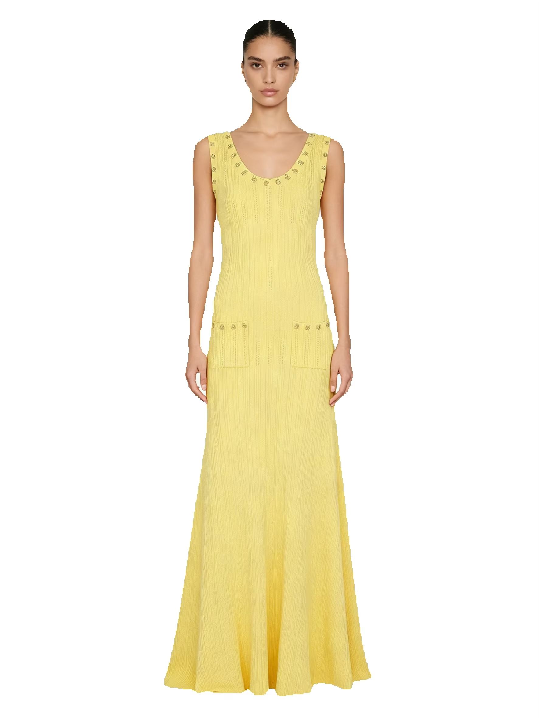 Robe pour femme de haute qualité, tendance printemps-automne, en tricot élastique, ornée de fleurs en perles, coupe ajustée, sans manches, à bretelles.