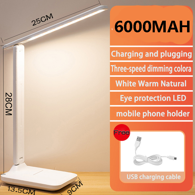 Candeeiro de mesa LED dobrável com toque, lâmpada de mesa regulável, proteção ocular, luz noturna de leitura, carregável, USB, 3 cores, stepless, 6000mAh