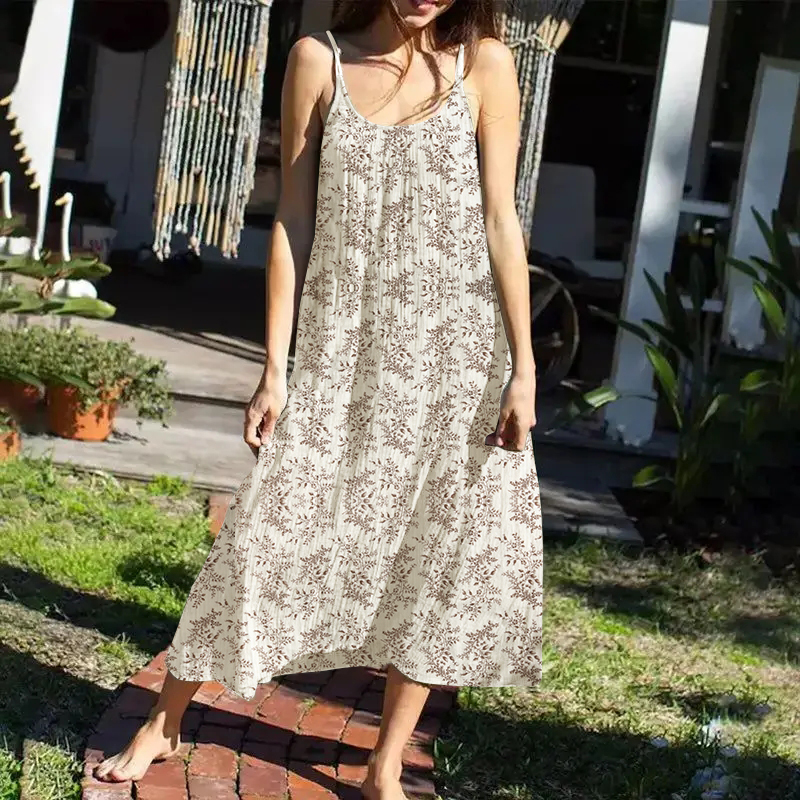 2026 Neues Musselin 100% Baumwoll-Gaze Damenkleid mit Blumenmuster, Verstellbaren Trägern, Ärmellos, Maxi-Langes Kleid, Urlaubskleid, Sommerkleid