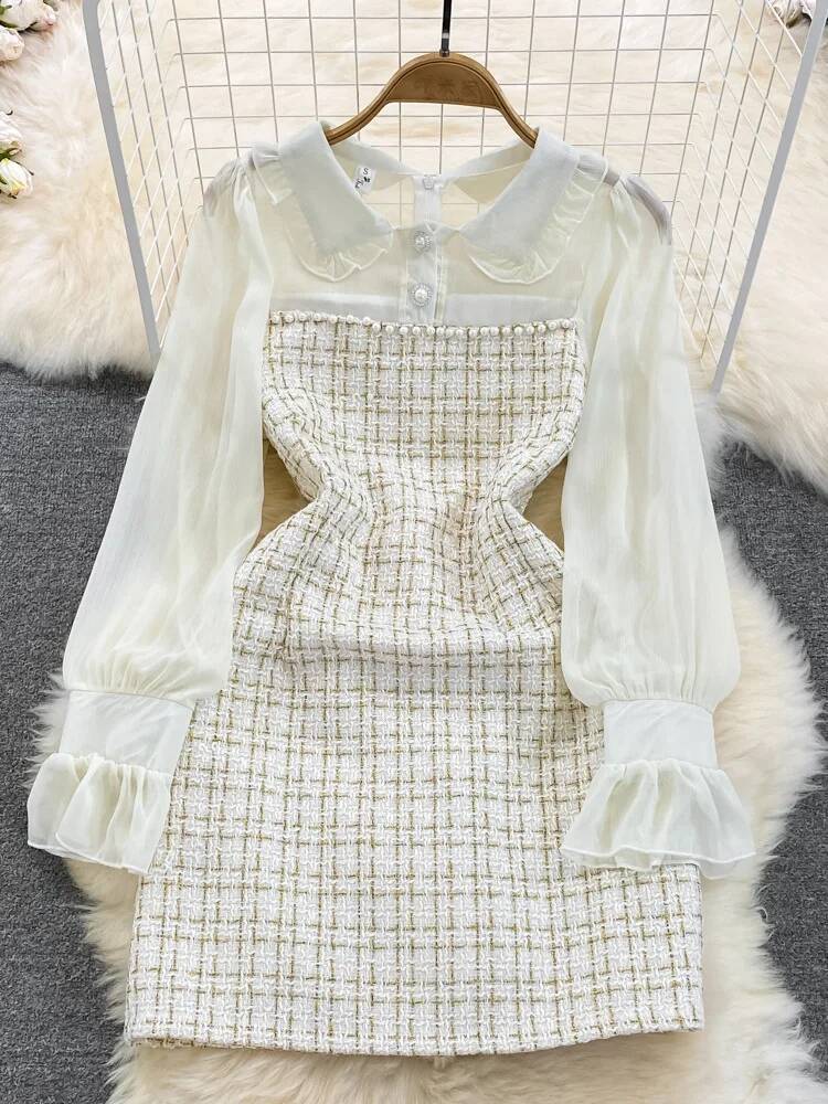 Koreańska moda damska wełniana tweedowa sukienka jesienno-zimowa w kratę tweedowa patchworkowa szyfonowa z długim rękawem linia elegancka krótka sukienka
