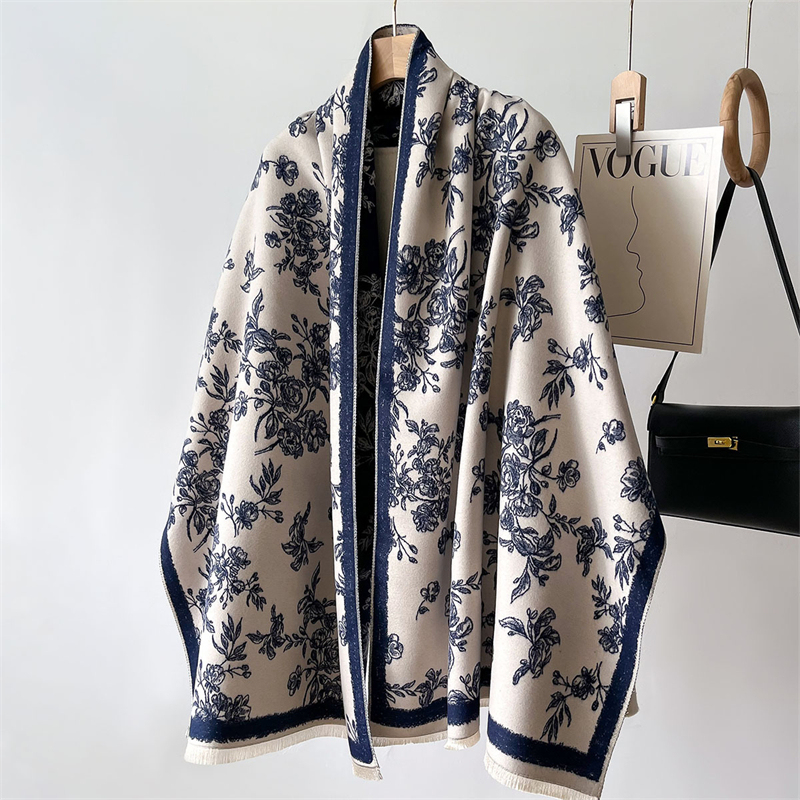 Inverno quente xale elegante floral cachecol de caxemira feminino grosso cobertor envoltório pashmina bufanda borla feminino longo foulard 2024