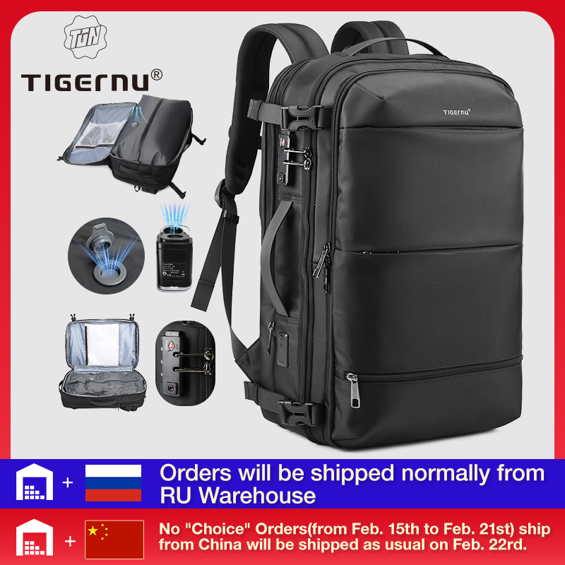 Tigernu Vacuum Compression Backpacks Men Travel Backpack Expandable USB Bag Large Capacity 17 Laptop Bags For Schoo Cabin Bags