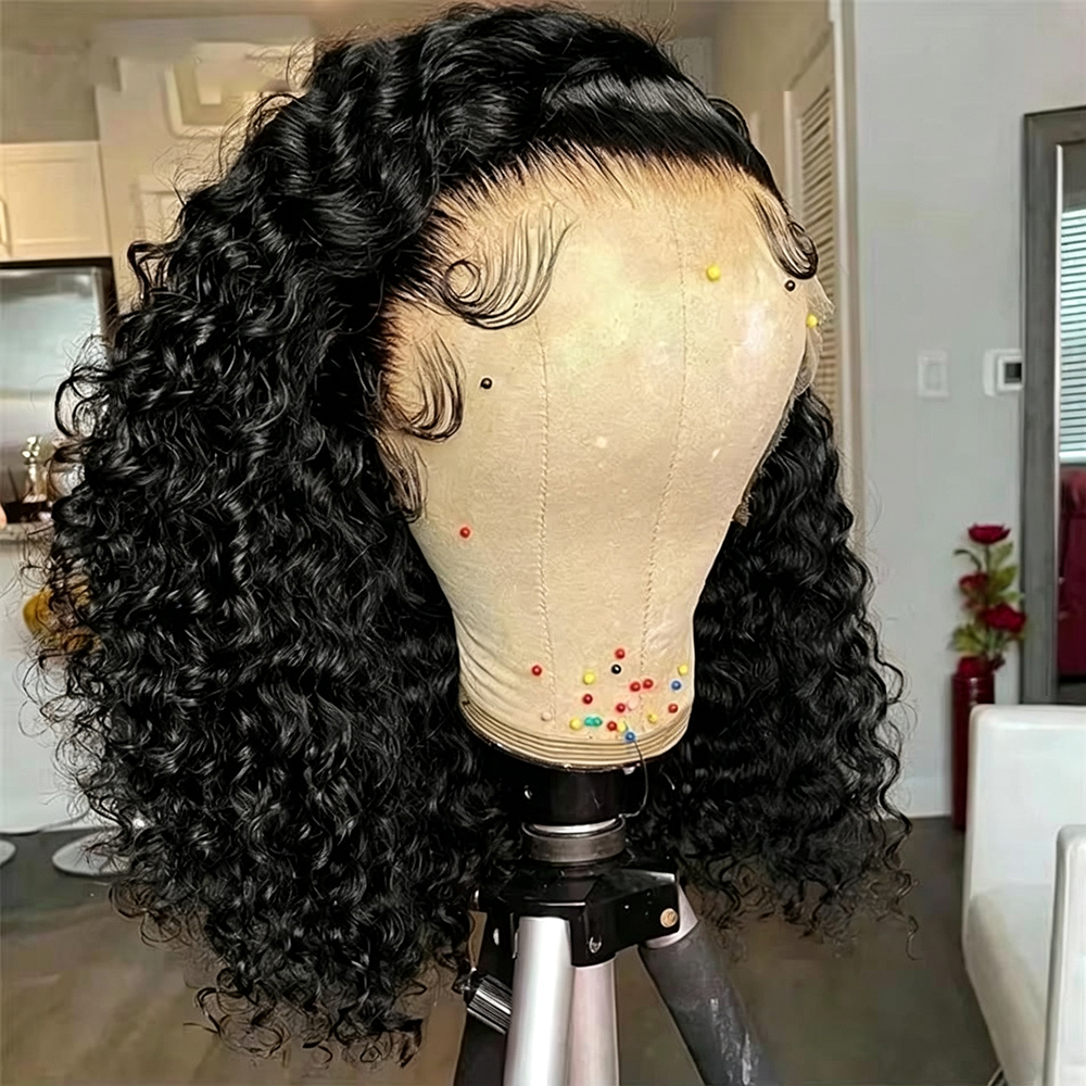 Perruque Courte Bouclée Deep Wave 220 Densité 7x5 Sans Colle Pré-Pluckée Prête à Porter 100% Cheveux Humains Brésiliens 13x4 13x6 Perruque Lace Front HD pour Femmes Noires