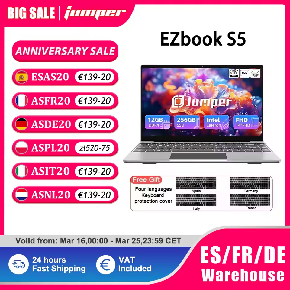 Jumper EZbook S5 Laptop 14 pollici, 12 GB RAM 256 GB SSD, processore Intel Celeron J4105 Notebook, due altoparlanti, tipo C, mini HDMI
