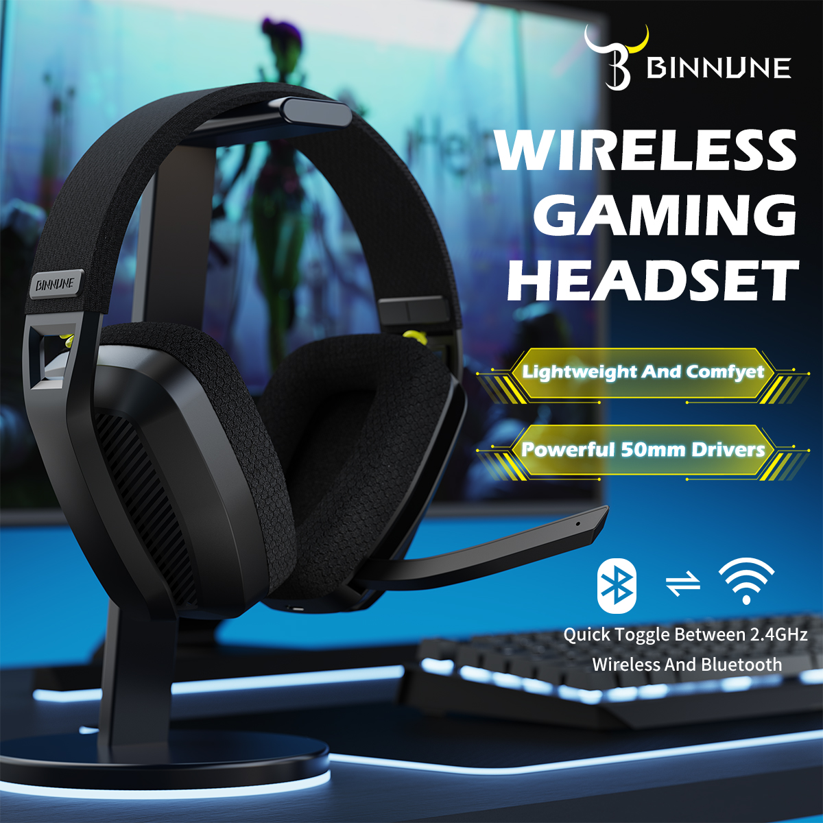 BINNUNE BW06 ชุดหูฟังบลูทูธ Gamer พร้อมไมโครโฟนสําหรับ PS5 PS4 PC Mac Playstation ไร้สาย 2.4GHz หูฟังพร้อมไมโครโฟน