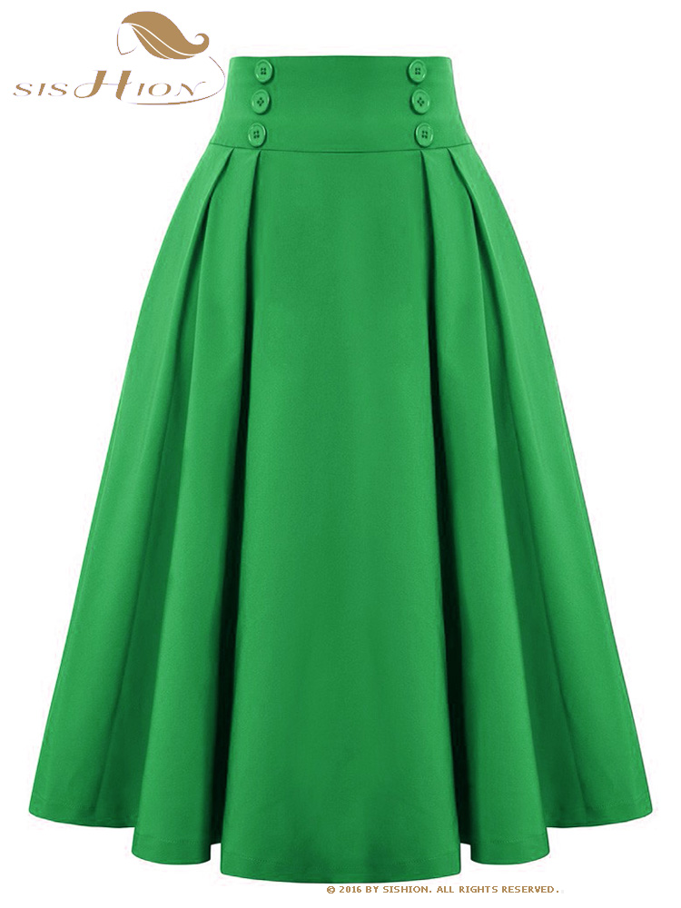 SISHION Elastic Waist A Line Elegant Flared Midi Skirts SS0037 Solid Color Black Green Red Women 60s Retro Vintage Pleated Skirt