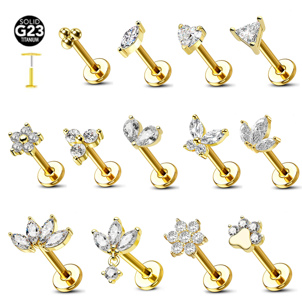 ASTM F136 G23 ไทเทเนียมดอกไม้เกลียวต่างหูเจาะกลีบ Leaf หัวใจผีเสื้อ Pin Daith Conch Push in Labret Stud