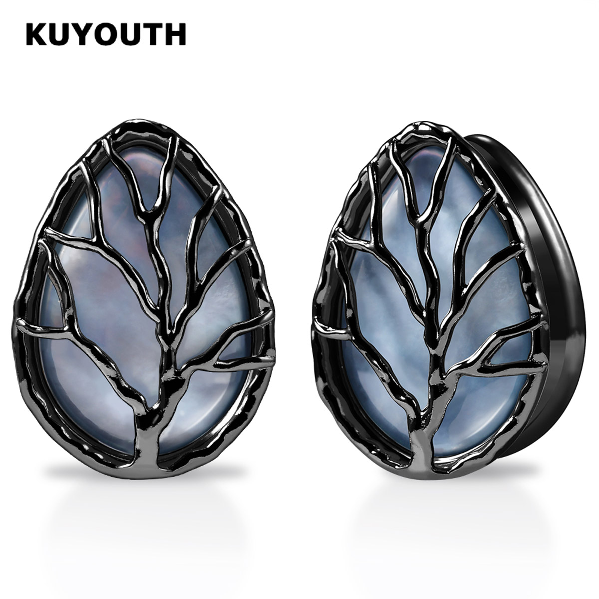 KUYOUTH New Stainless Steel Shell Life Tree Drop Shape Ear Earring Gauges Piercing Body Jewelry Tunnel Stretchers Expanders 2PCS