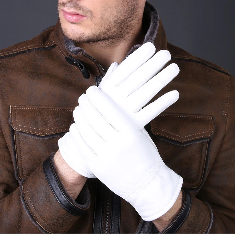 2025 Winter Genuine Leather White Gloves For Men Women Keep Warm Solid Wrist Lambskin Driving Glove