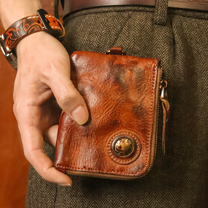 Monedero Vintage 100% de cuero genuino para hombres y mujeres, minicartera pequeña, billeteras Amekaji, capa superior de piel de vaca, estilo corto, monedero con cremallera, tarjetero multifunción