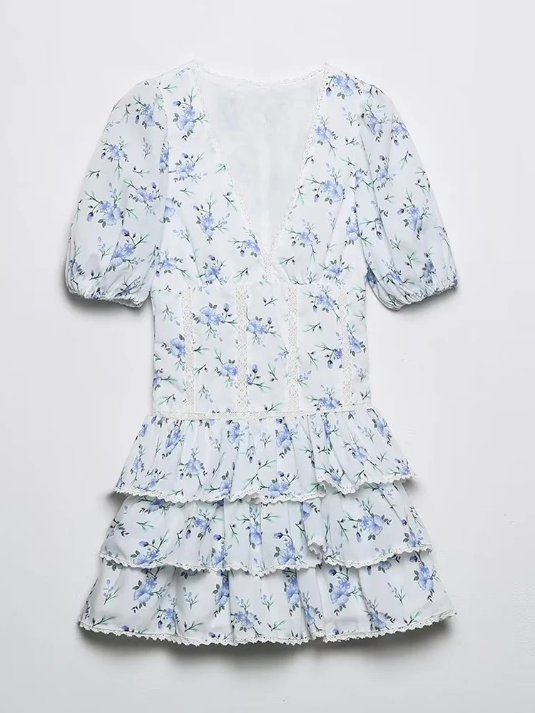 YENKYE-Vestido corto de encaje con estampado Floral para mujer, minivestido Vintage de manga abombada con volantes en capas, a la moda, novedad