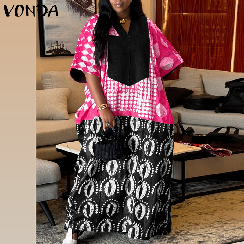 プラスサイズ 5XL VONDA 女性ヴィンテージドレスボヘミアンプリントマキシベティドパーティー 3/4 スリーブパッチワークローブ V ネックカジュアルルーズサンドレス