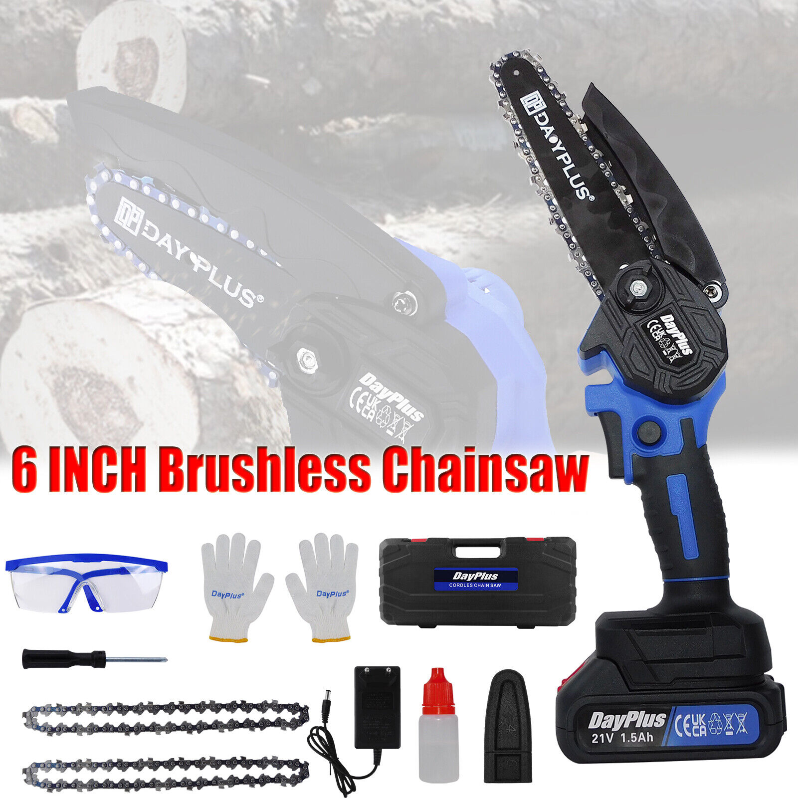 DayPlus 6" Mini Chainsaw Cordless Electric Power Chain Saw 1.5ah Battery Battery Operated Chainsaw for Tree Branch Wood Cutting