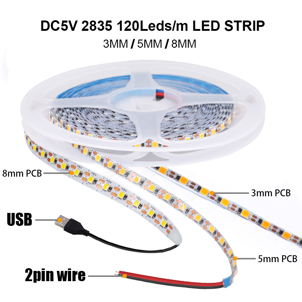 Tira de luces LED PCB de 3mm y 5mm, 5V, 2835, 1 corte LED, ultrafina, 120LEDs/m, cinta Flexible de 8mm, CC IP21, no impermeable, blanco Natural cálido