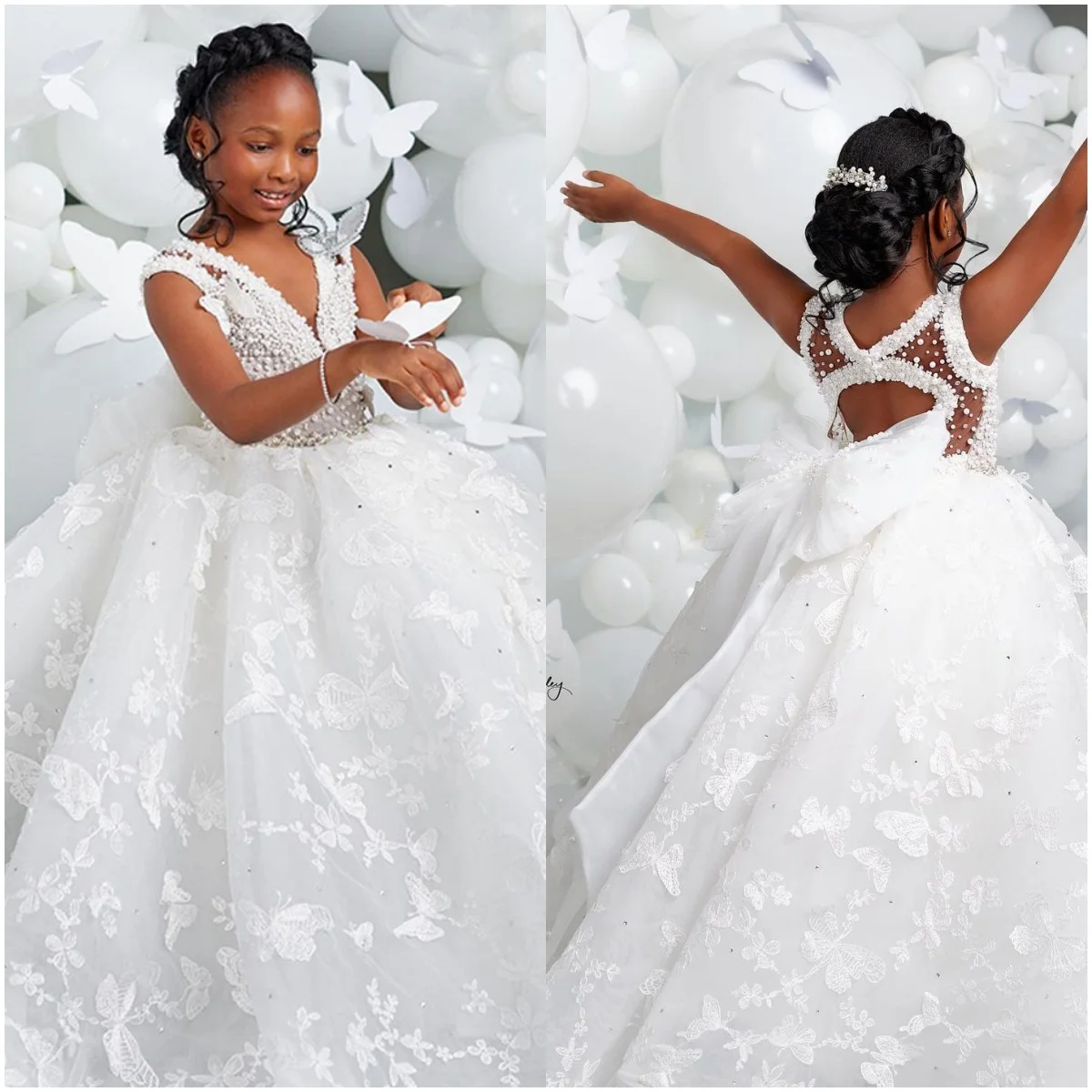 Robes de fille de fleur blanche pour mariage papillon Appliques perle longueur de plancher fille enfants fête d'anniversaire première robe de sainte Communion