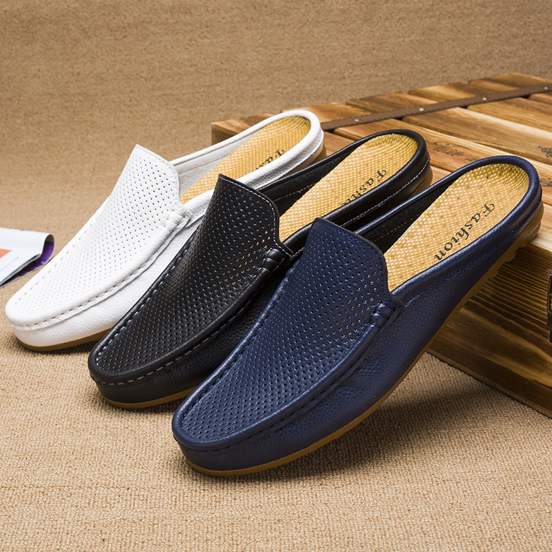Italiaanse Mannen Slippers Holle Lederen Loafers Mocassins Zomer Outdoor Antislip Zwarte Mannen Casual Slides Trendy Rijden Luie Schoenen