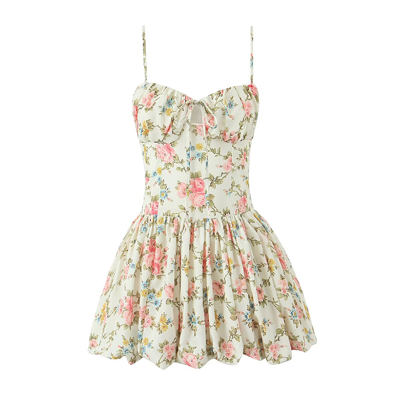 YENKYE Summer Women Spaghetti Strap Floral Print Princess Mini Dress Sexy Elegant Lady Holiday Party Robe