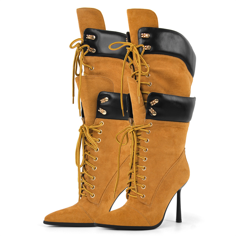 Onlymaker Botas de tacón de aguja doble con punta puntiaguda para mujer, botas de media pantorrilla con cordones, de gamuza sintética, para discoteca, fiesta, uso diario, botas elegantes con tacón