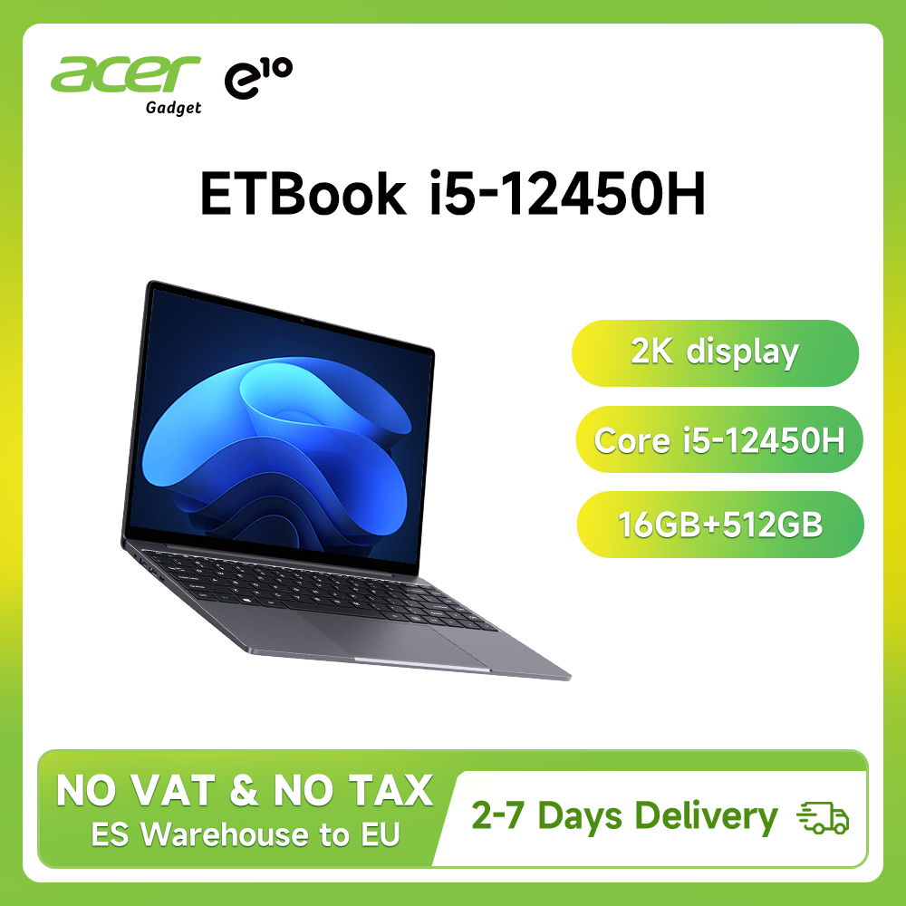 Laptop Acer Gadget e10 ETBook Intel Core i5-12450H 16GB RAM 512GB SSD 14-calowy ekran 2160X1440 Rozdzielczość 8 rdzeni 12 wątków BT5.2 WiFi6 Windows 11 Komputer do nauki i pracy