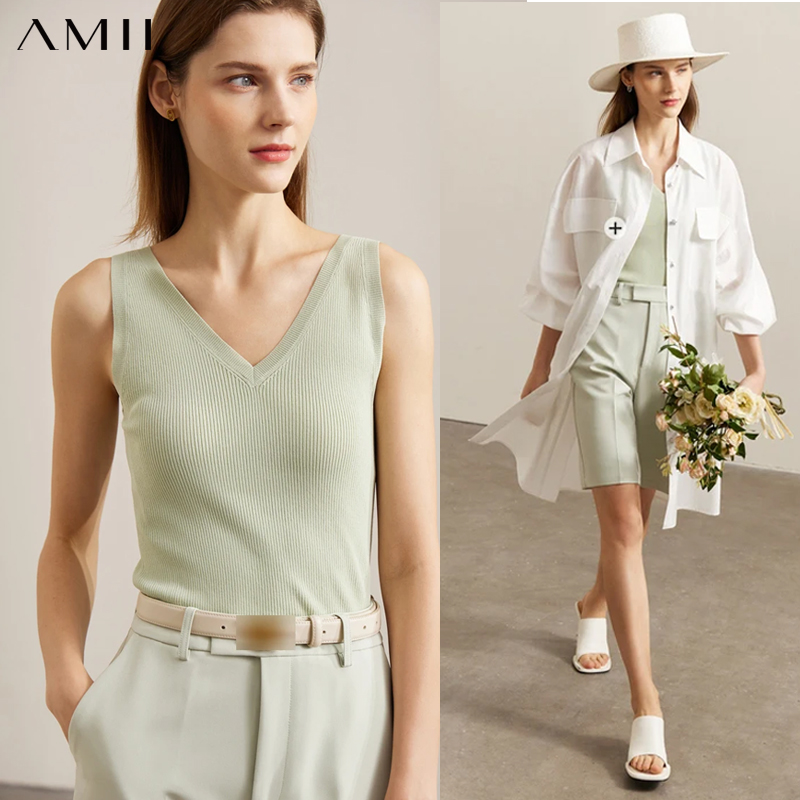 AMII Tank Top Minimalis untuk Wanita 2025 Musim Panas Baru Serbaguna V-neck Fit Rompi Rajutan Camis Atasan Hitam Pakaian Wanita 72341028