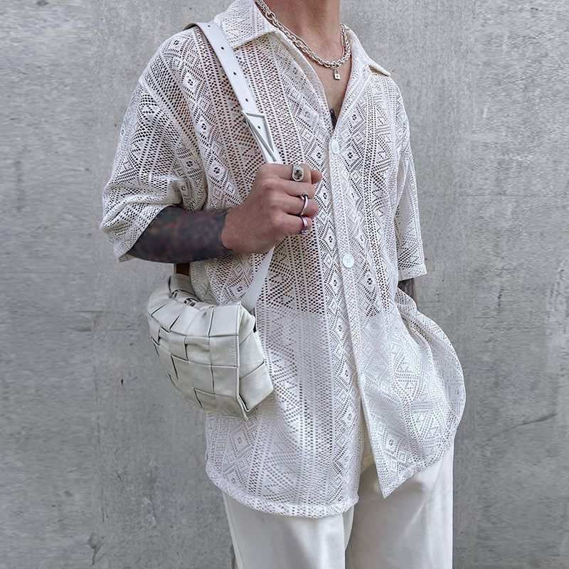 Zomer Heren Kleding Mesh Doorzichtig Mesh Sexy Shirt Korte Mouw Visnet Knoop-Down Retro Chic Streetwear Party Blouse S-5XL