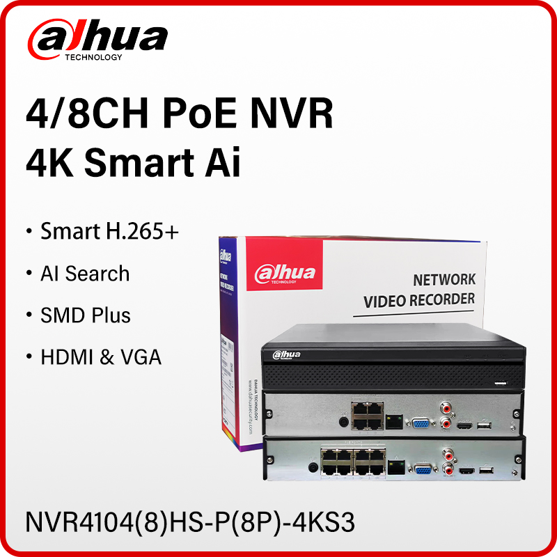 Dahua 4/8 CH PoE NVR видеорегистратор Plug & Play для 4K IP-камеры безопасности с распознаванием лиц SMD NVR4104HS-P-4KS3 NVR4108HS-8P-4KS3