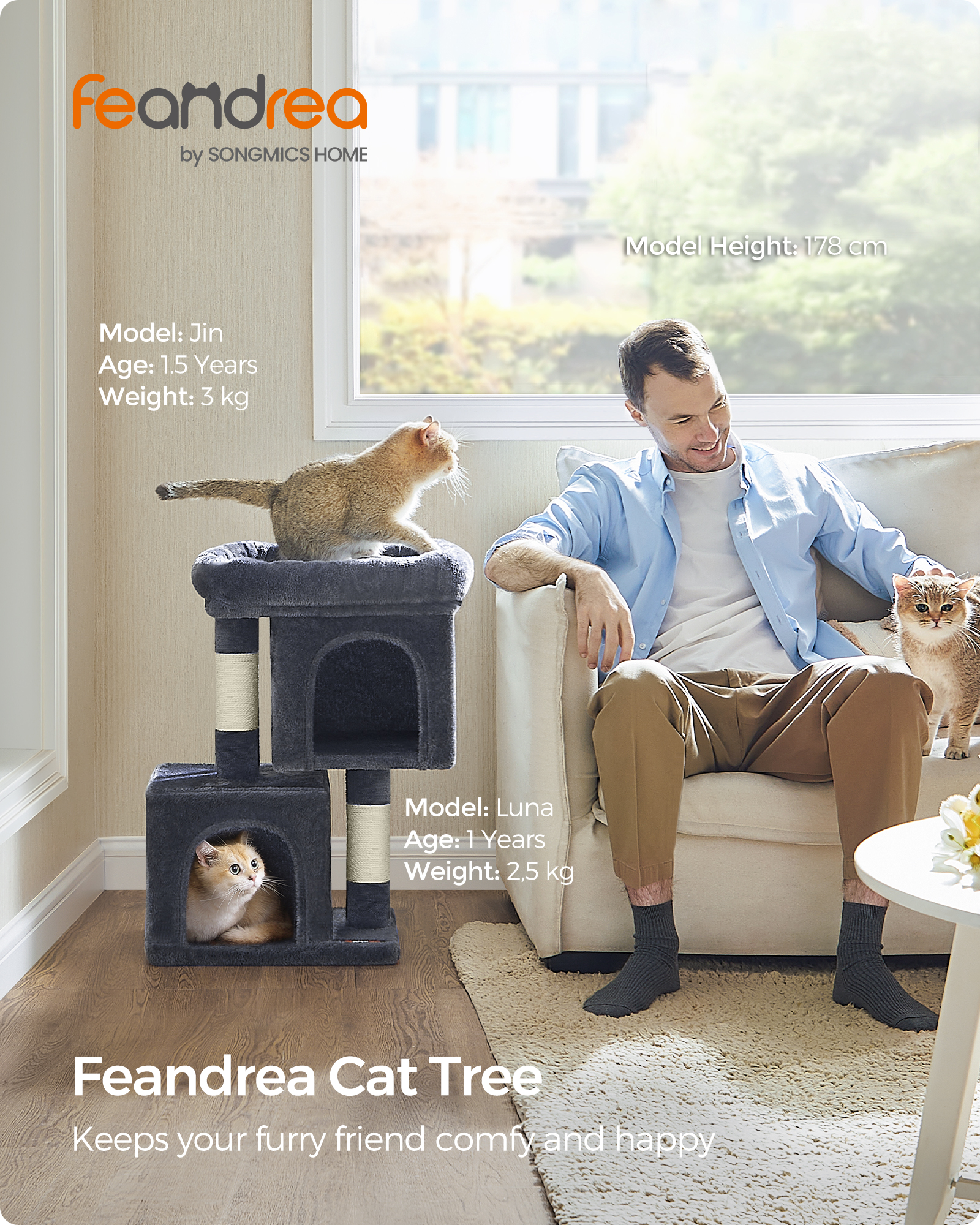 Feandrea คอนโดแมว, หอคอยแมว67ซม., คอนโดแมวสำหรับลูกแมวถึง3กก., คอนแมวขนาดใหญ่, ถ้ำแมว2ตัว, เกาโพสต์