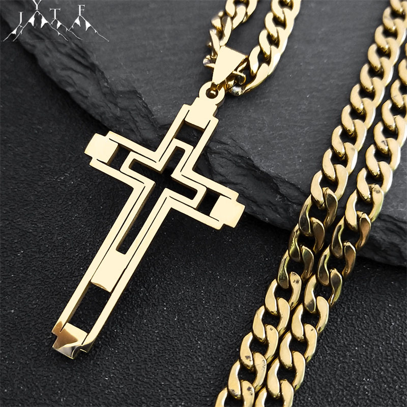 Hip-Hop-Kreuz-Halskette aus Edelstahl, goldfarben, lange Anhänger-Halskette für Damen und Herren, christlicher Schmuck, Collier Homme