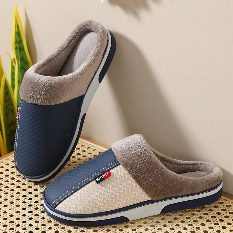 Sepatu katun pria, sandal rumah dalam ruangan anti selip kulit PU atas tahan air untuk lelaki
